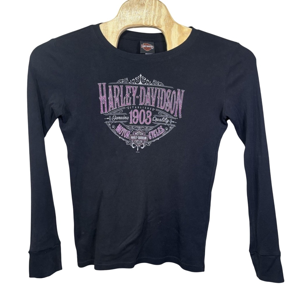 Y2K Harley Davidson Shirt Womens Medium Black Long Sleeve Glitter 1903 Graphic